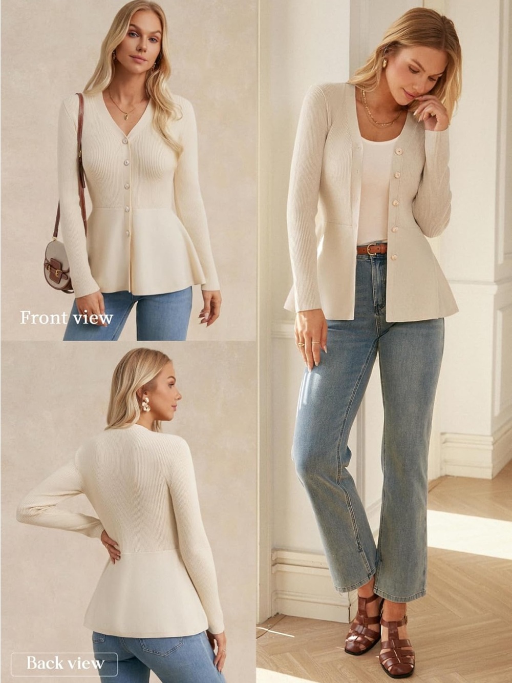 Cream Ribbed V-Neck Button Front Peplum Cardigan